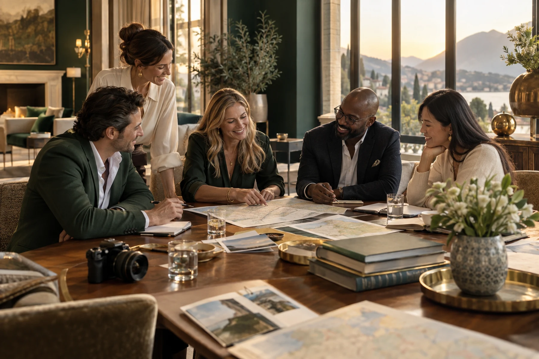 Travel advisors planning a personalized hotel stay together