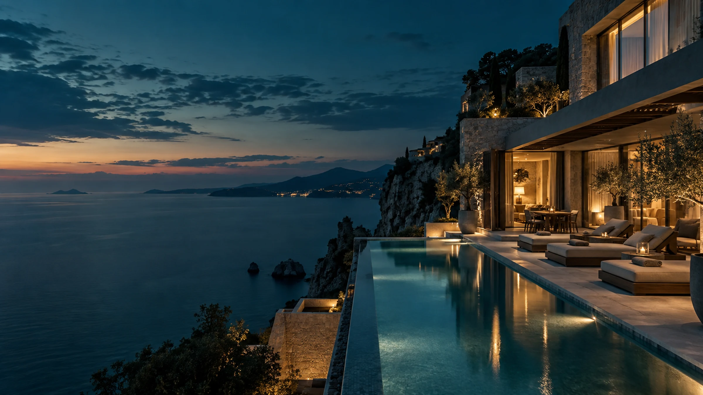 Cliffside hotel terrace overlooking the sea at blue hour