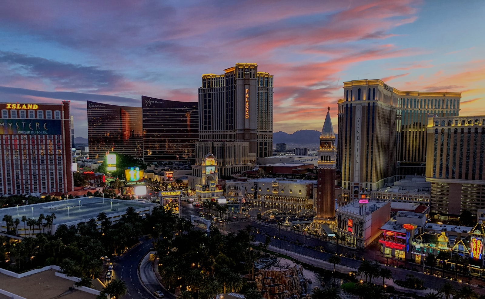 Daytime view of the Las Vegas Strip skyline under a clear desert sky