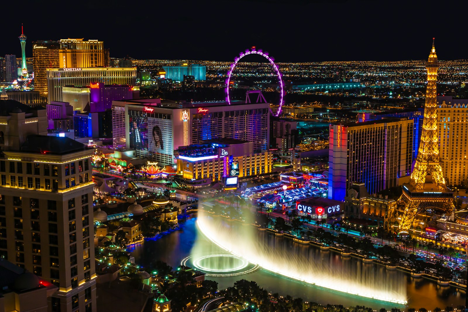 Aerial view of the Las Vegas Strip lit up at night