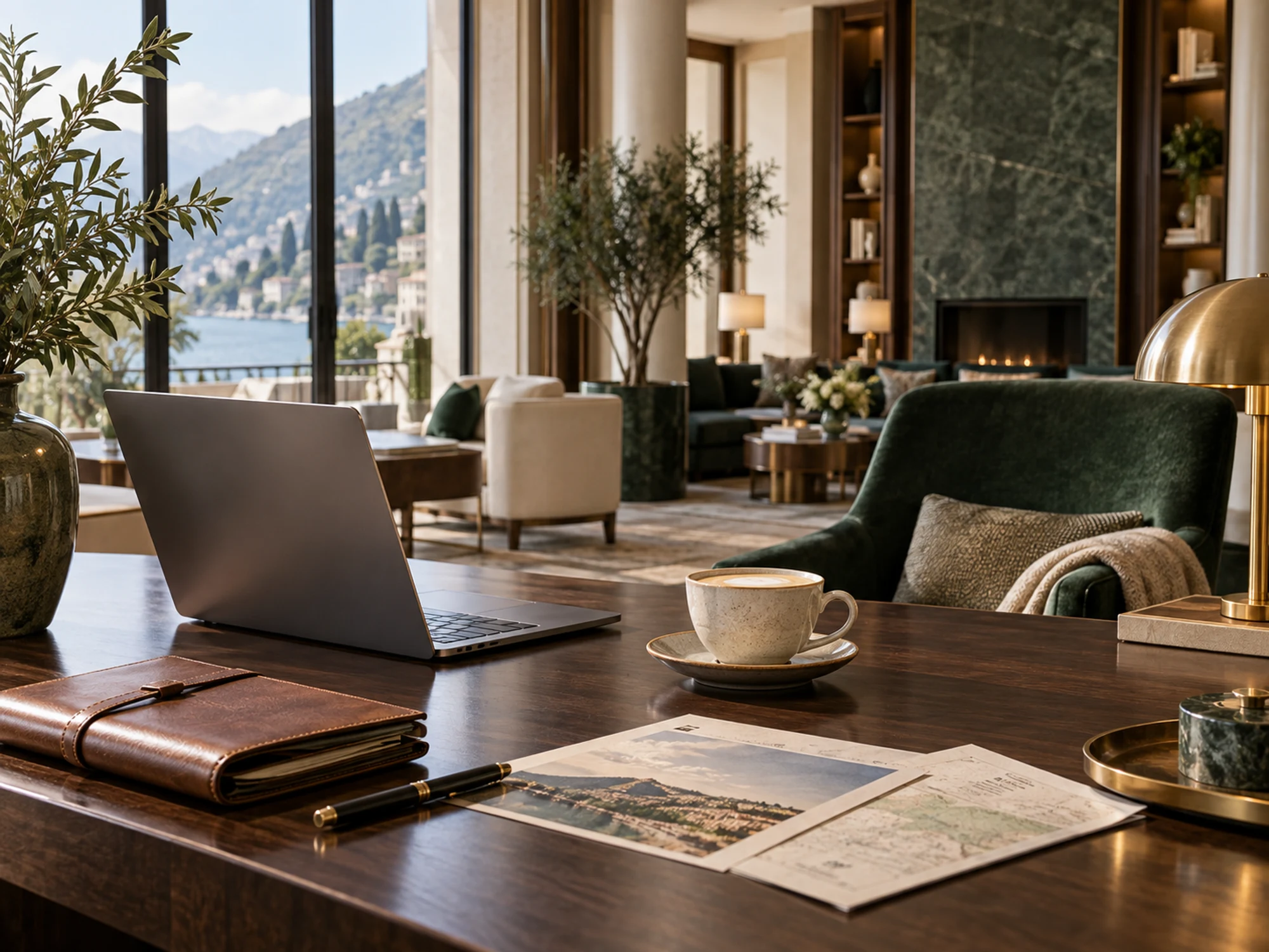 Laptop, travel notes and coffee in a quiet hotel lounge